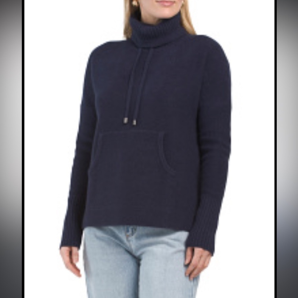 Rachel Zoe 2ply 100% Cashmere Drawstring Soft Turtleneck Sweater Dark Blue Small